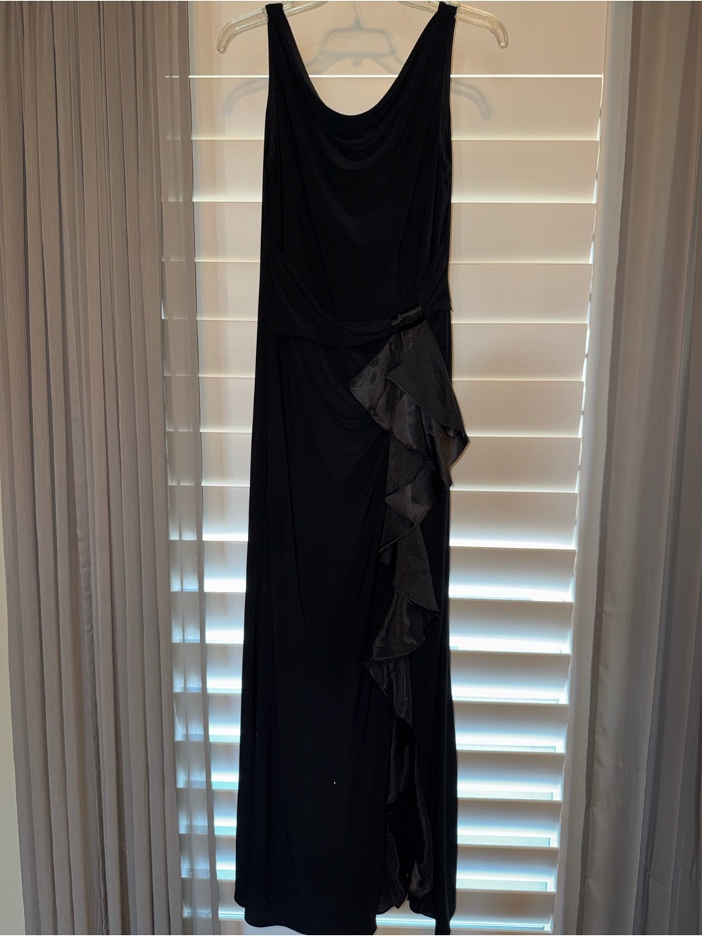 Betsy & Adam Black Draped Ruffle Maxi Dress